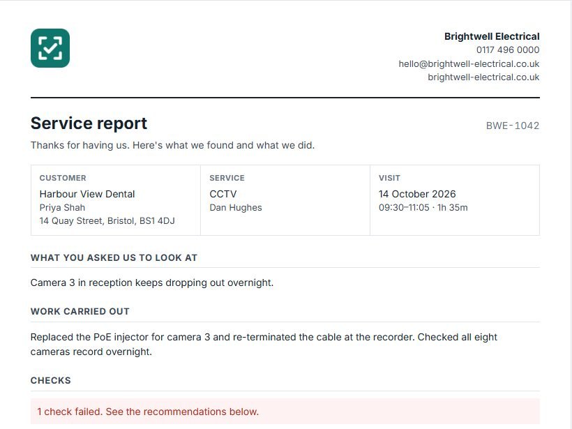 A branded service report with photos, checks and a signature